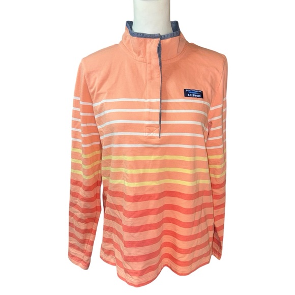 L.L. Bean Tops - L.L. Bean Women's Soft Cotton Rugby Henley Collar Long Sleeve Orange White Sz M